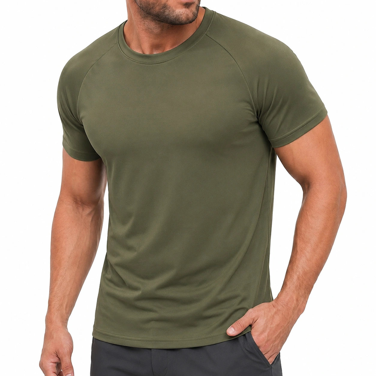 Maglietta sportiva uomo M in tessuto tecnico verde oliva a manica corta