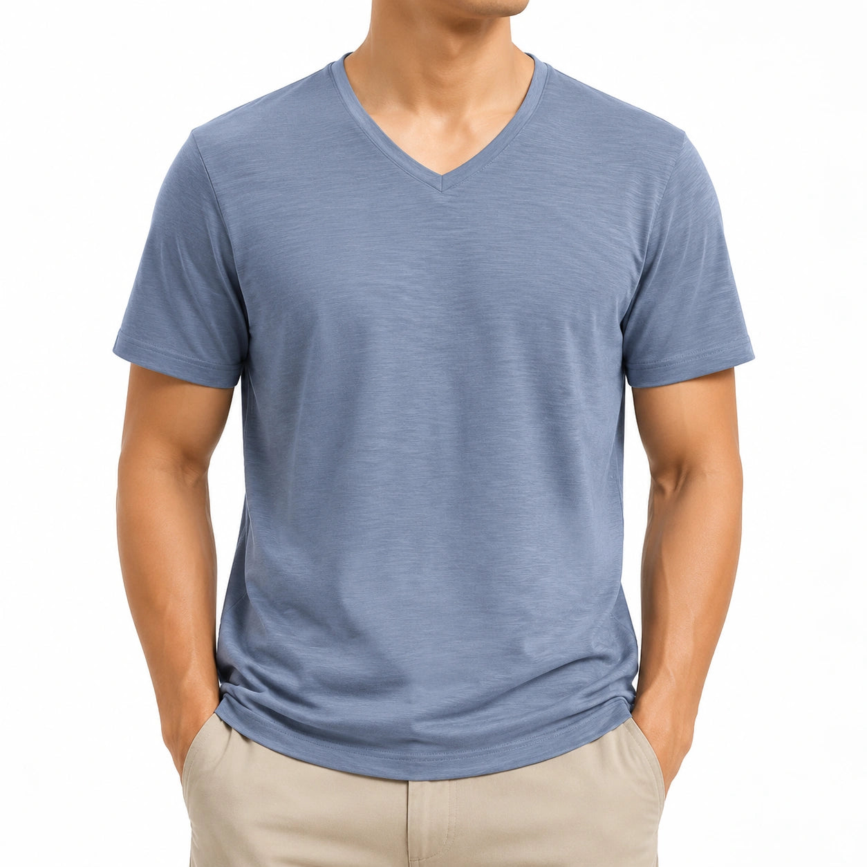T-shirt da uomo M in tessuto blu a maniche corte con scollo a V per uso quotidiano