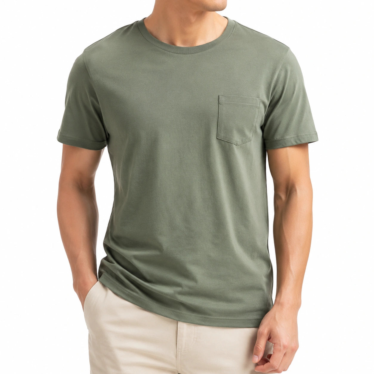 T-shirt da uomo M verde salvia in tessuto a maglia con taschino stile casual