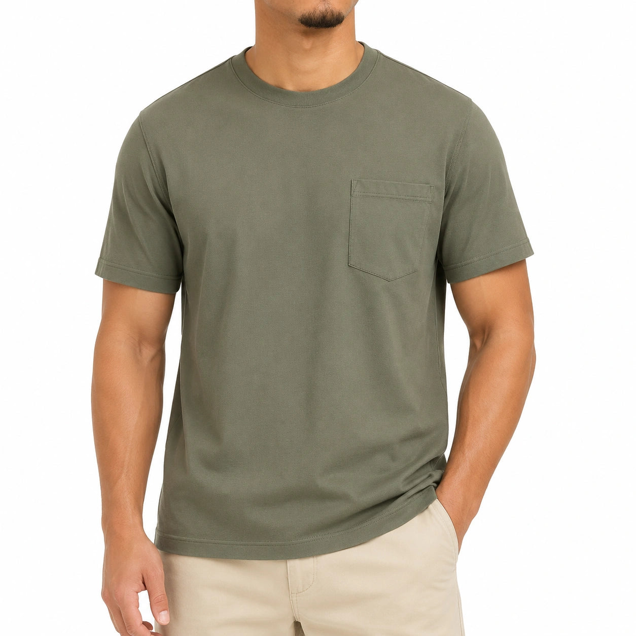 T-shirt uomo taglia L in tessuto verde oliva con taschino girocollo a manica corta