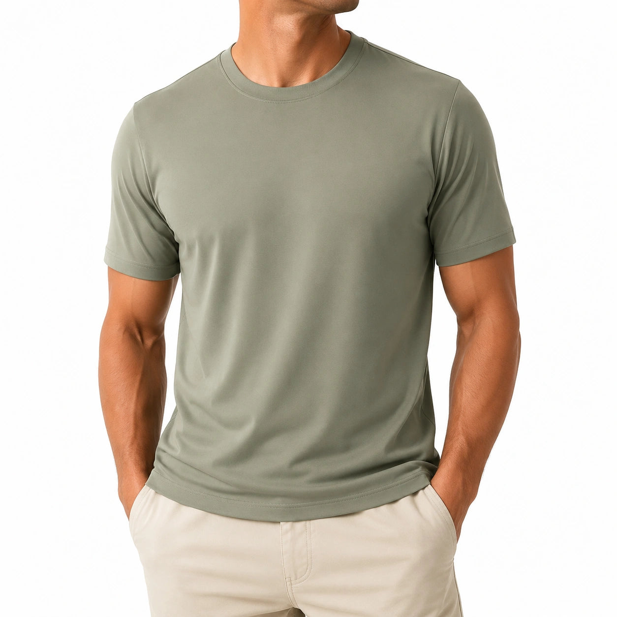 T-shirt uomo L in tessuto sintetico verde salvia - girocollo a maniche corte