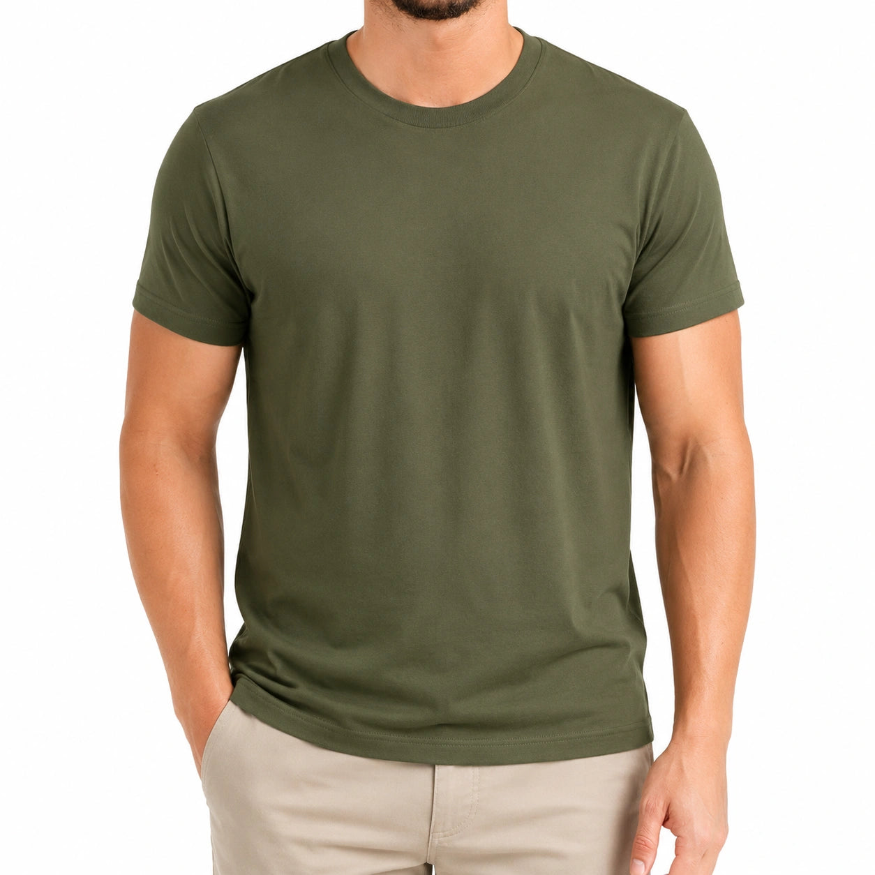 T-shirt uomo taglia L in tessuto a maglia verde oliva - girocollo manica corta
