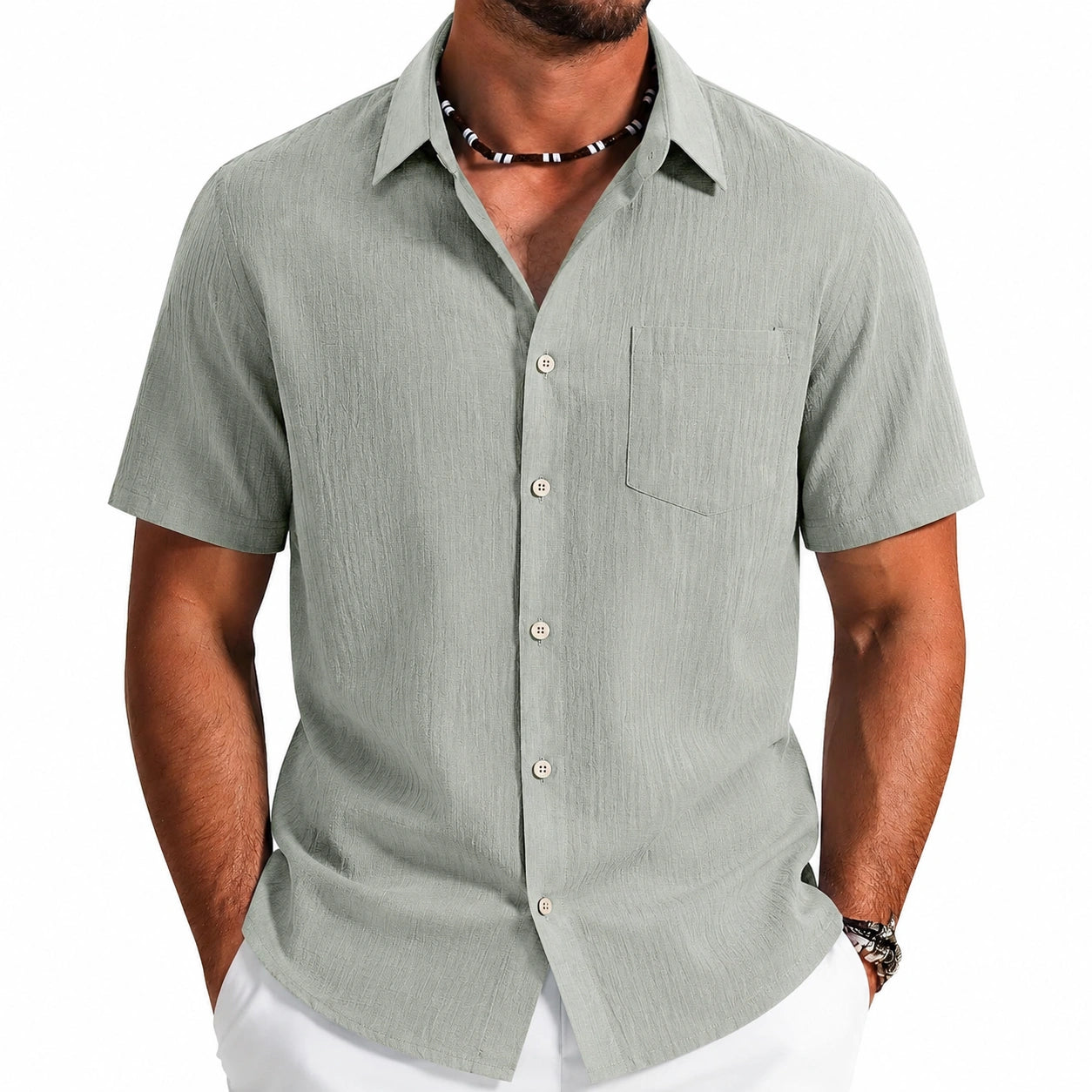 Camicia da uomo taglia M verde salvia in tessuto testurizzato a maniche corte - stile casual