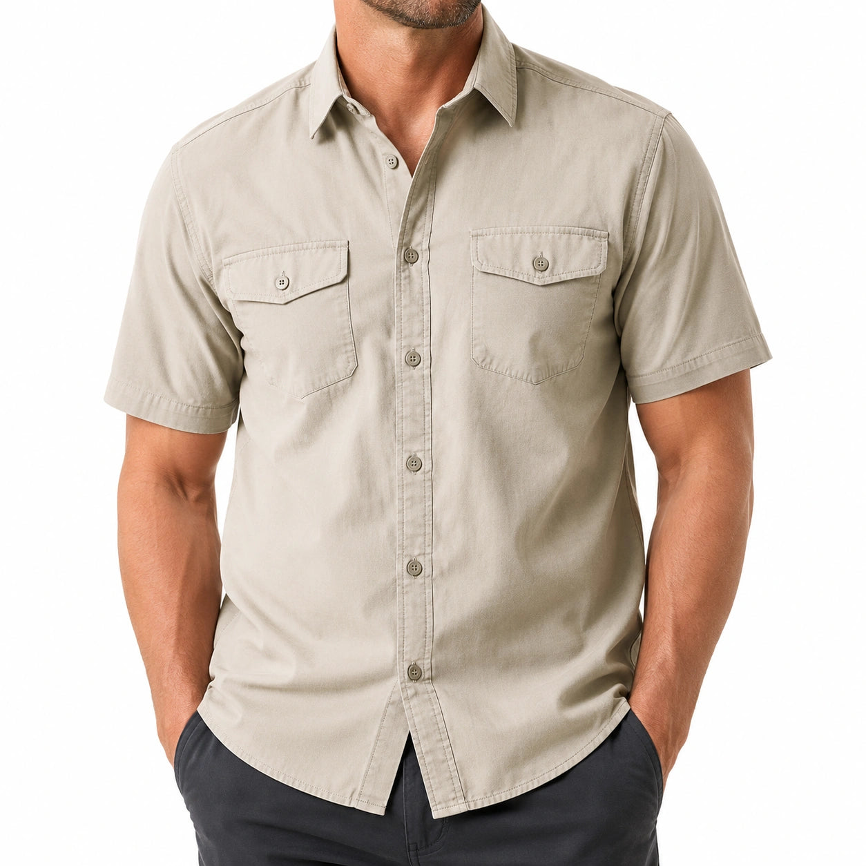 Camicia uomo taglia L in cotone beige a maniche corte con tasche