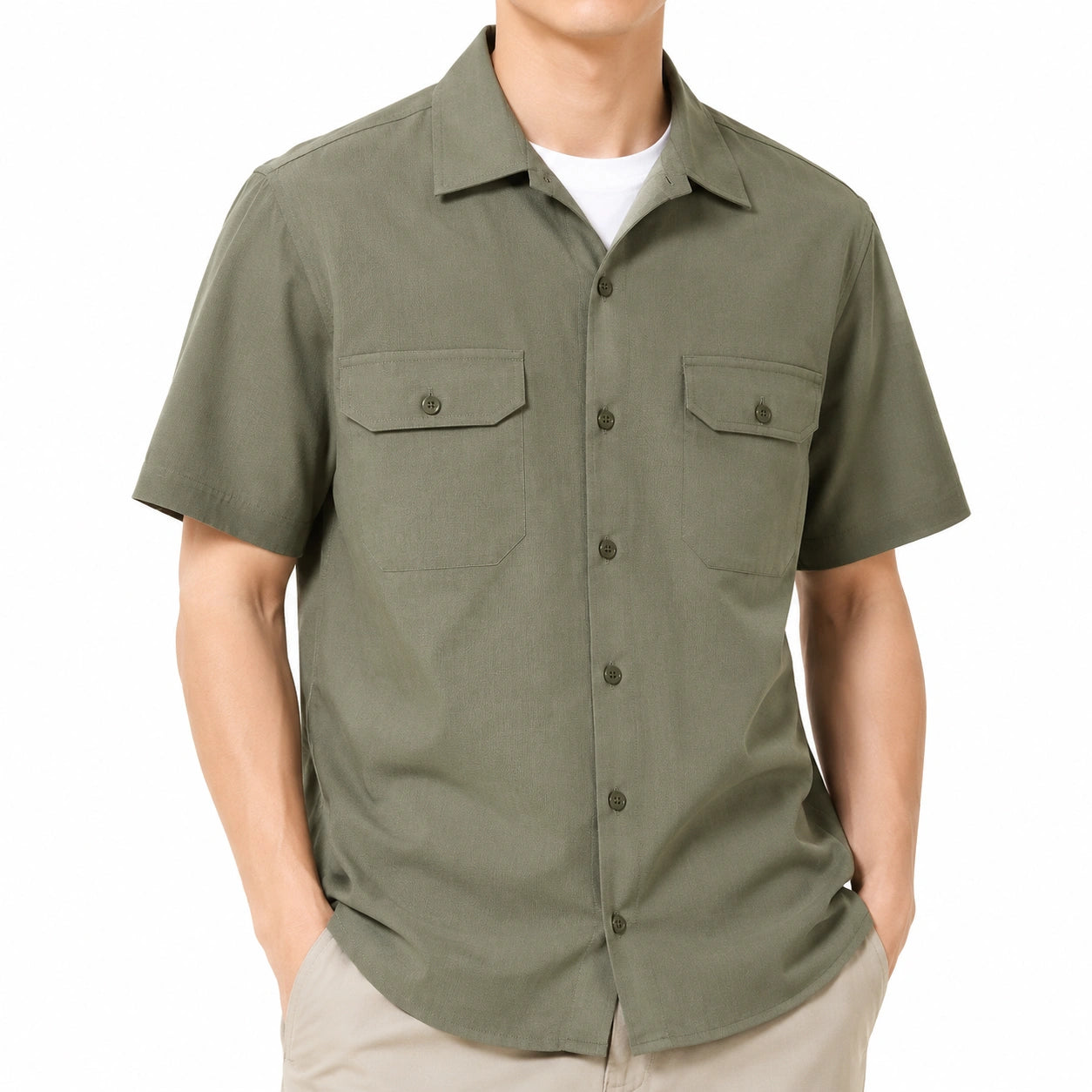 Camicia uomo L in tessuto verde oliva a maniche corte con tasche