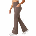 Leggings donna taglia S in tessuto elasticizzato marrone a vita alta con tasca laterale e gamba svasata