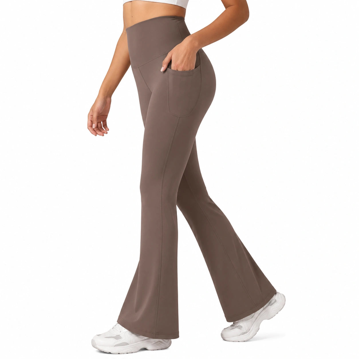Leggings donna taglia S in tessuto elasticizzato marrone a vita alta con tasca laterale e gamba svasata