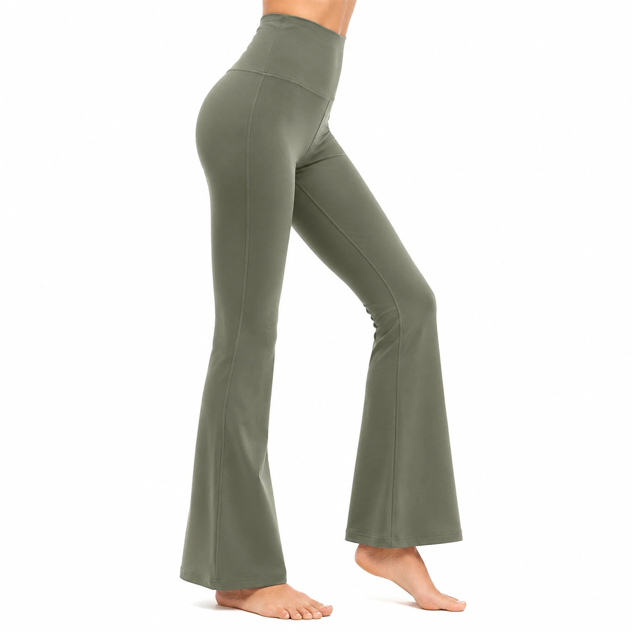 Leggings donna M verde oliva in tessuto elasticizzato a vita alta con fondo svasato