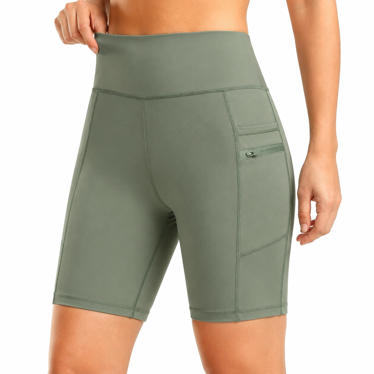 Pantaloncini ciclisti donna M in tessuto elasticizzato verde salvia a vita alta con tasche
