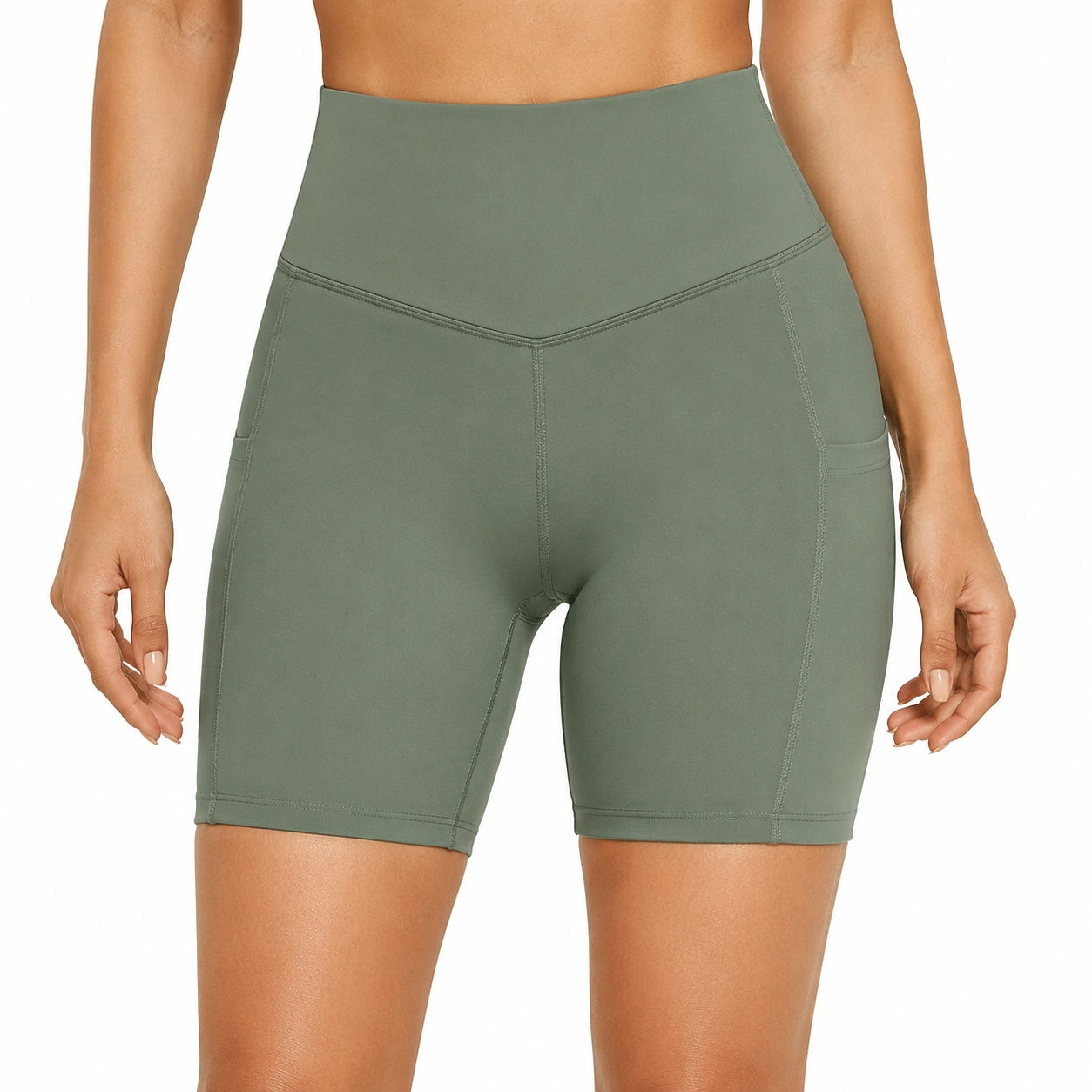 Pantaloncini sportivi donna taglia M in tessuto elasticizzato verde salvia a vita alta