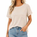 T-shirt donna S in tessuto beige a maniche corte con taschino stile casual